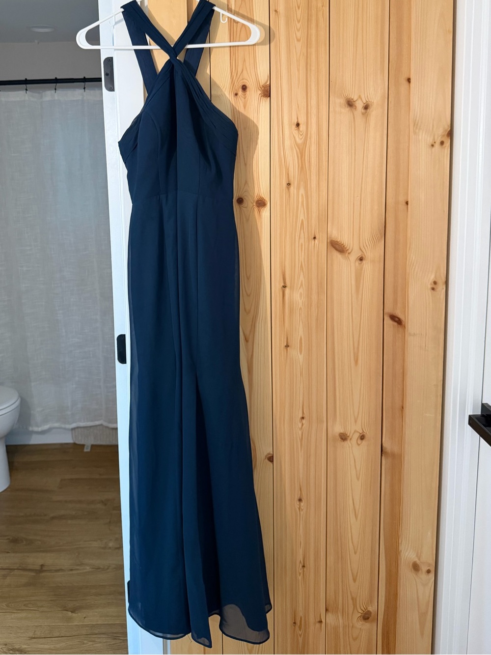Azazie Navy One-Shoulder Cross-Back Maxi Dress